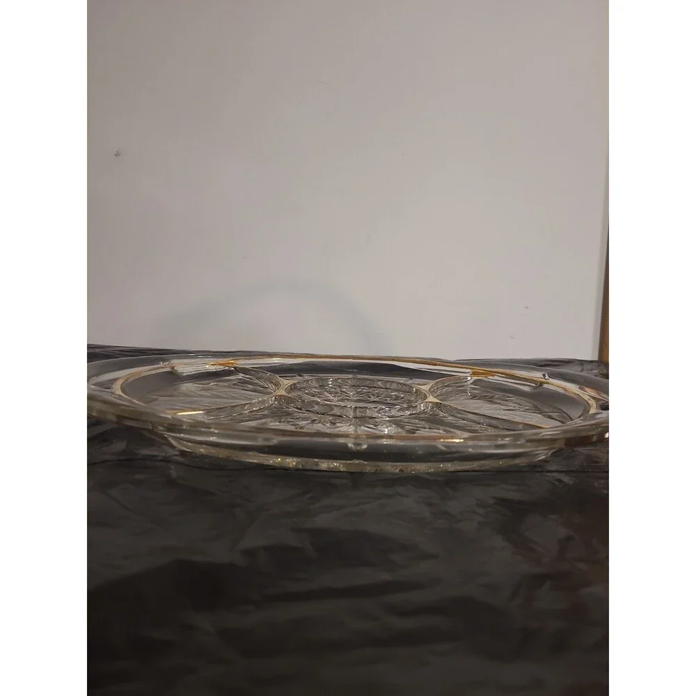 Unmarked Pressed Glass Oval Serving Tray w/ Handles, Clear Gold Trim Floral